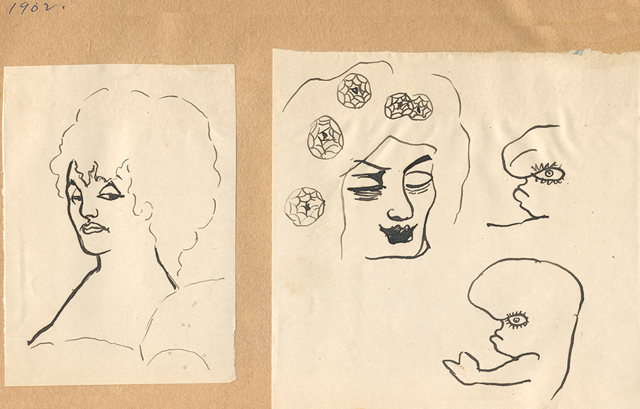 Detalle de rostro y cabeza de mujer con fetos