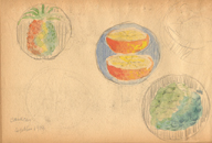 Tres dibujos de frutas sobre charolas y dos bocetos